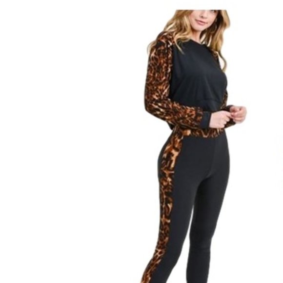 Set Top Leggings  Print Leopard Black New - Picture 2 of 4